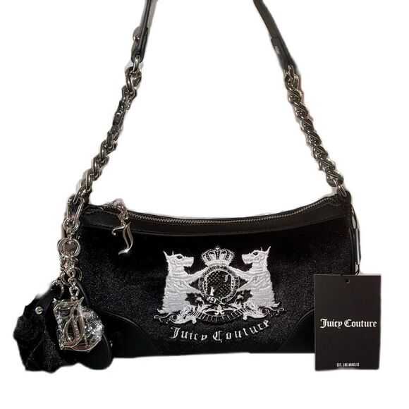 Juicy Couture Black Velour Hollyhock Chain Link Strap Shoulder Bag w/ Mini Pouch - Picture 2 of 16
